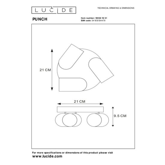 Lucide PUNCH - Plafondspot - Ø 21 cm - 3xGU10 - Wit