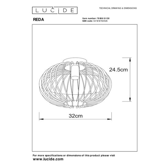 Lucide REDA - Lámpara de techo - Ø 32 cm - 1xE27 - Negro
