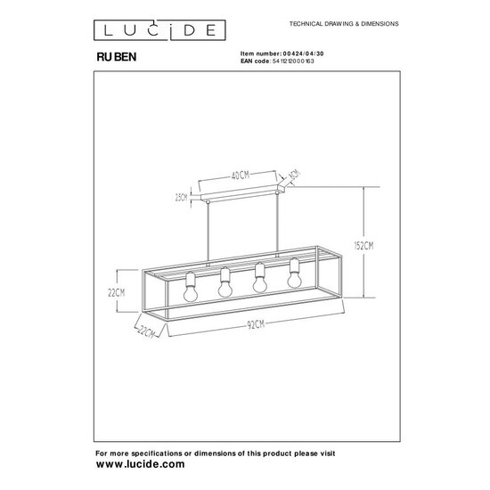 Lucide RUBEN - Hanglamp - 4xE27 - Zwart