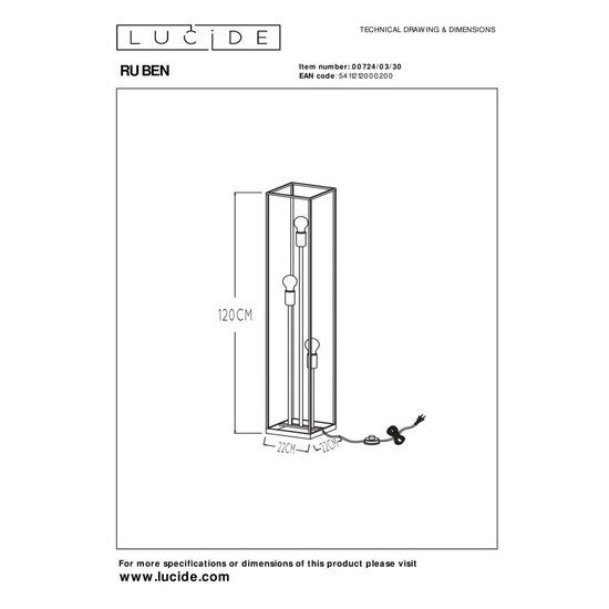 Lucide RUBEN - Lámpara de pie - 3xE27 - Negro