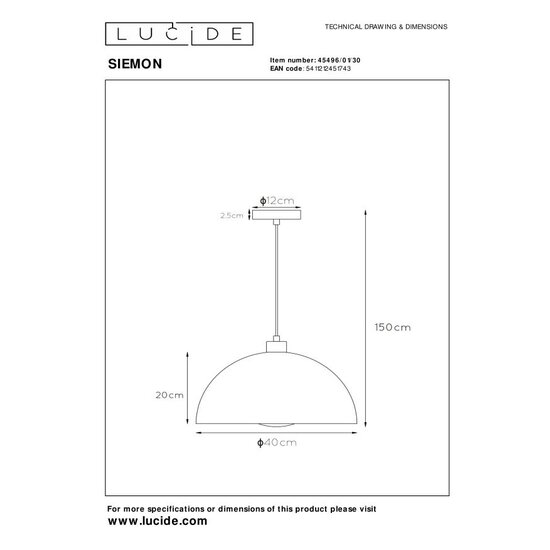 Lucide SIEMON - Lampe suspendue - Ø 40 cm - 1xE27 - Noir