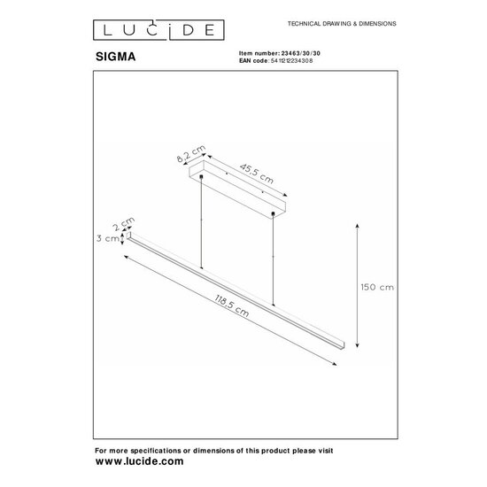 Lucide SIGMA - Lámpara colgante - LED Dim. - 1x30W 2700K - Negro