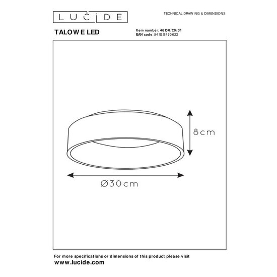 Lucide TALOWE LED - Plafonnier - Ø 30 cm - LED Dim. - 1x20W 3000K - Blanc