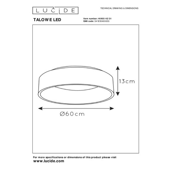 Lucide TALOWE LED - Plafonnier - Ø 60 cm - LED Dim. - 1x42W 3000K - Blanc