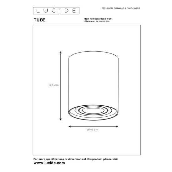 Lucide TUBE - Spot de plafond - Ø 9,6 cm - 1xGU10 - Noir