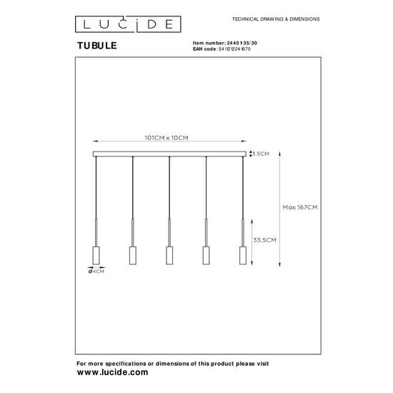 Lucide TUBULE - Lámpara colgante - LED - 5x7W 2700K - Negro