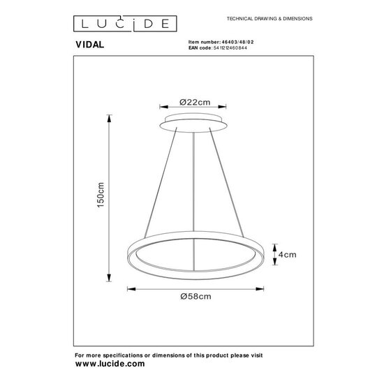 Lucide VIDAL – Hängelampe – Ø 58 cm – LED-Dimmung. - 1x48W 2700K - Mattgold / Messing