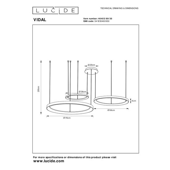 Lucide VIDAL - Hanglamp - Ø 78 cm - LED Dimb. - 1x120W 2700K - Zwart