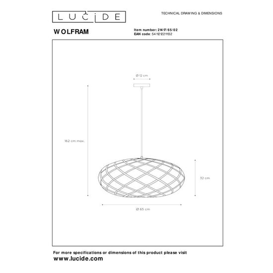 Lucide WOLFRAM - Lampe à suspension - Ø 65 cm - 1xE27 - Or mat / Laiton