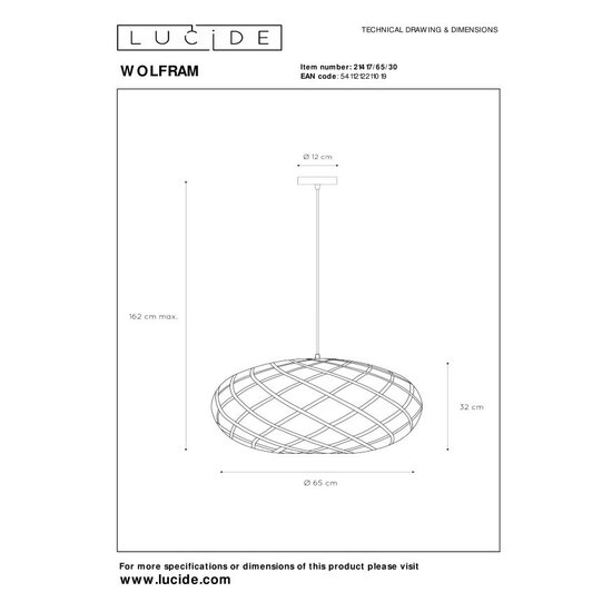 Lucide WOLFRAM - Lampe à suspension - Ø 65 cm - 1xE27 - Noir