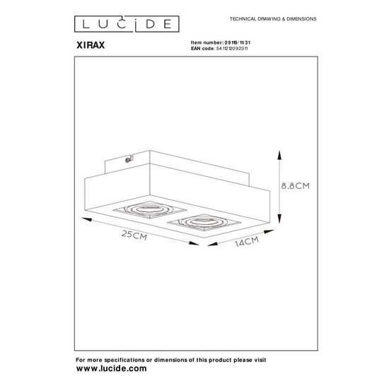 Lucide XIRAX - Plafondspot - LED Dim to warm - GU10 - 2x5W 2200K/3000K - Wit