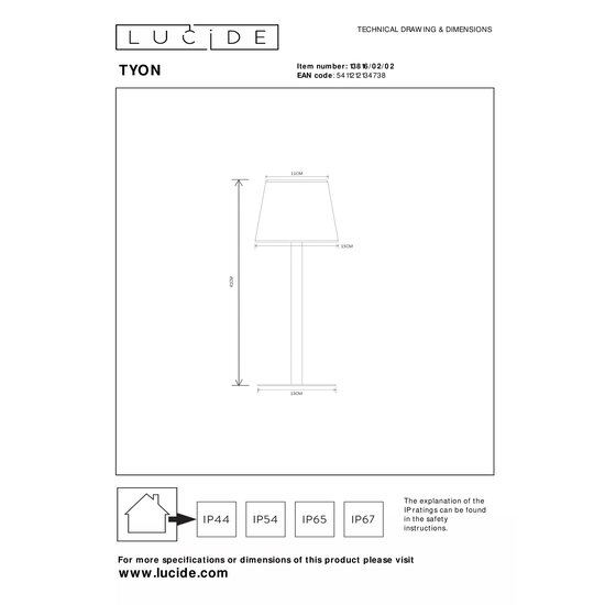 Lucide TYON - Lámpara de mesa recargable Interior/Exterior - Accu/Batería - Ø 15 cm - Regulación LED. - IP65 - Oro Mate / Latón