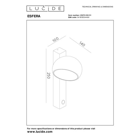 LUCIDE Lucide ESFERA - Applique - LED Dim. - 1x9W 2700K - Blanc