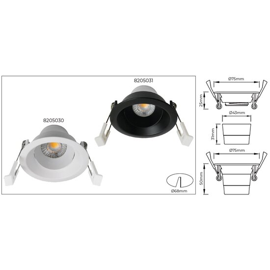 Fantasia Fantasia Deep Deco schwenkbarer Einbauspot, weiß, Ø75 mm, integriertes LED-Modul 8W 2700K, 831 Lumen, dimmbar, Energieklasse F