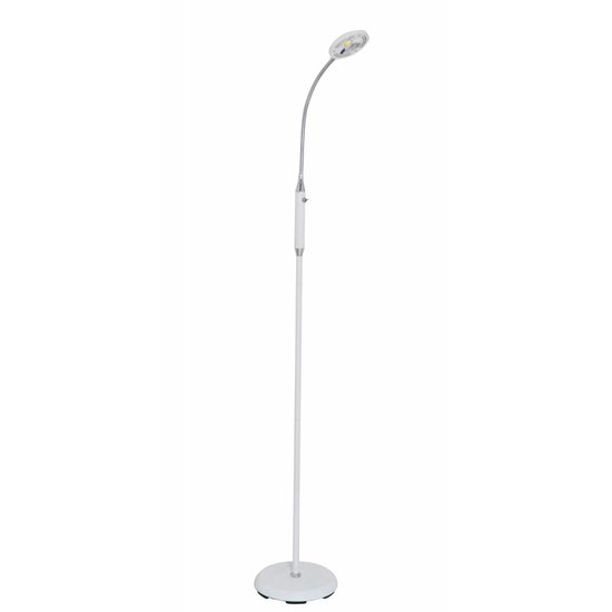 Fantasia Fantasia Safrane lámpara de pie, blanco-cromo, brazo flexible, LED 5W, 400 lúmenes, altura 1200-1400 mm