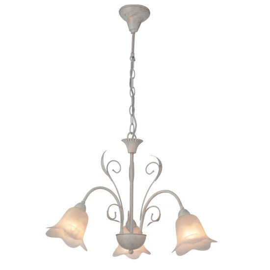 Fantasia Surya chandelier with 3x E14 sockets, antique white steel frame with glass, max. 40W per lamp, IP20, 587 x 401 mm