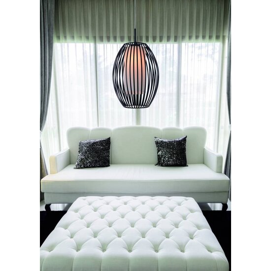 Fantasia Muna hanglamp, ovaal, zwart-wit, staal en glas, diameter 250 mm, hoogte 1200 mm, E27 fitting, IP20