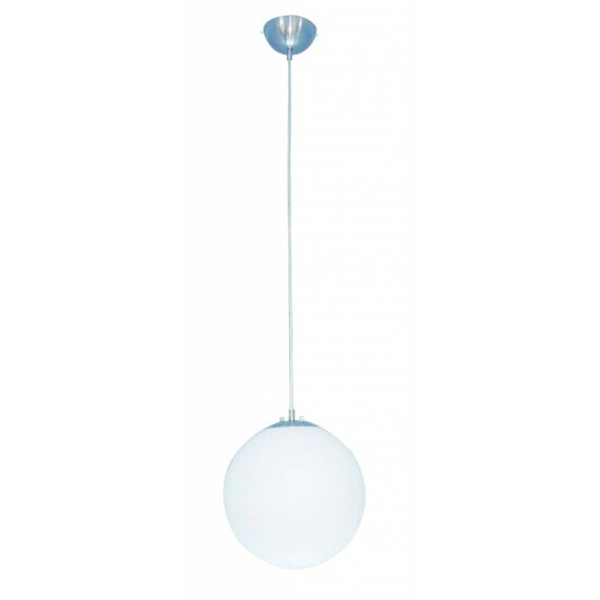 Fantasia Sphere pendant light, white glass sphere, brushed steel, diameter 250mm, height 1200mm, E27 fitting (bulb not included)