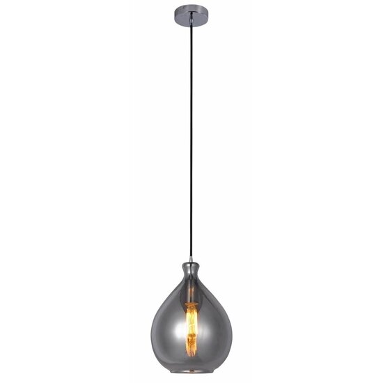 Fantasia Sonos Glas-Hängelampe, Birnenform, Rauchgrau mit mattschwarzem Kabel, Ø23cm, Höhe 120cm, E27-Fassung