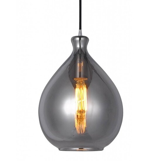 Fantasia Sonos glass pendant lamp, pear shape, smoked grey with matte black cord, Ø23cm, height 120cm, E27 fitting
