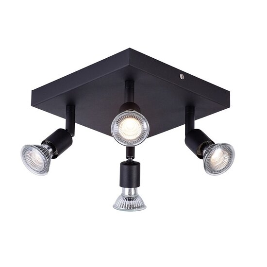 Fantasia vierkante plafondlamp met 4x GU10 fitting, zwart metalen frame met glazen plaat, 200x200x150mm, IP20