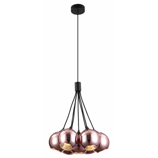 Fantasia Rogodo Pendelleuchte mit 7 Glaskugeln in Roségold mit schwarzem Glas, 7x E14, höhenverstellbar