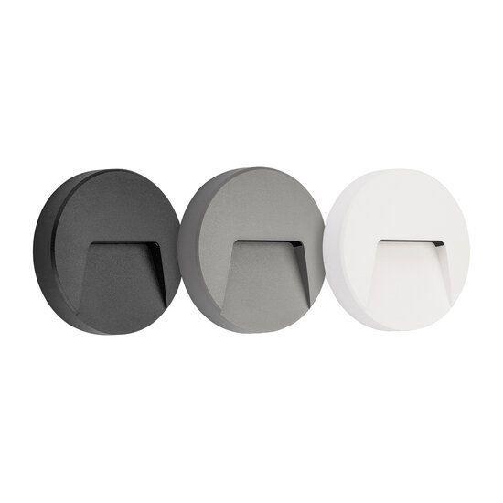 Fantasia SIBO LED buitenwandlamp, rond model 135mm, IP65, 2,8W / 310 lumen, 3000K warm wit, cover in zwart, wit of grijs