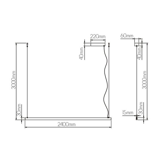 Fantasia GURI lange lichtlijn pendellamp 240cm, wit aluminium, 52W LED 3000K, 3960 lumen, dimbaar