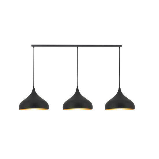 Fantasia Ronin Pendelleuchte mit 120 cm Balken, 3 tropfenförmige Schirme schwarz mit goldenem Innenraum, E27 inkl.