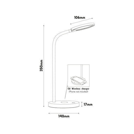 Fantasia NONI LED desk lamp 5.5W, 3-step dimmable, built-in QI charger, IP20, white, base diameter 140 mm