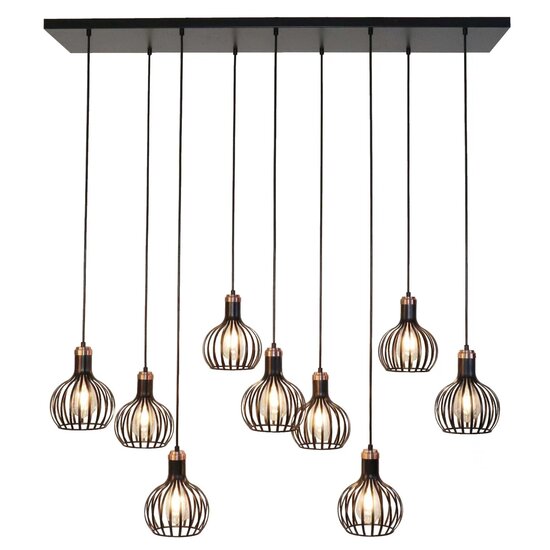 Fantasia Raga hanglamp met 9 lichtpunten in E27, zwart met koperkleur, stalen constructie, IP20 voor binnengebruik.