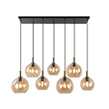 Fantasia Osira hanglamp met 7 lichtpunten E27, zwart-goud stalen frame en amberkleurig glas, breedte 1050mm