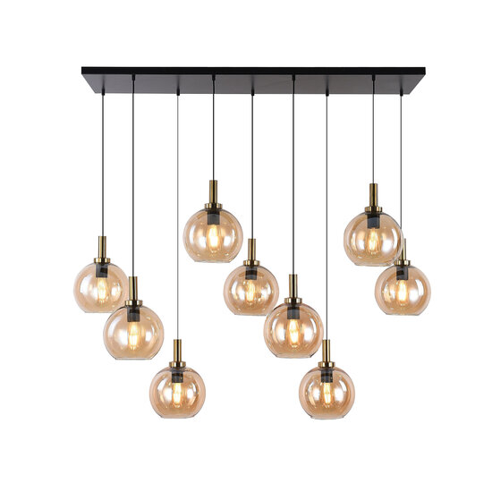 Fantasia Suspension Fantasia OSIRA à 9 points lumineux E27, structure acier noir-or, verres ambrés Ø200mm, IP20, dimmable