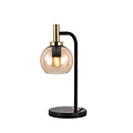 Fantasia Osira Tischlampe mit E27-Fassung, schwarz-goldenem Fuß und Schirm aus Bernsteinglas Ø150mm, Höhe 420mm.