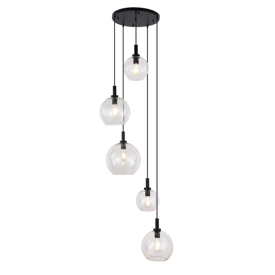 Fantasia Osira hanging lamp E27 5L black, clear glass - steel pendant lamp with 5 light points, IP20