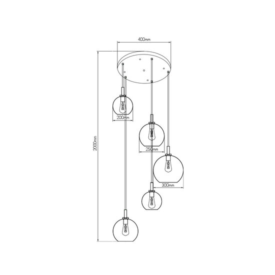 Fantasia Osira hanging lamp E27 5L black, clear glass - steel pendant lamp with 5 light points, IP20