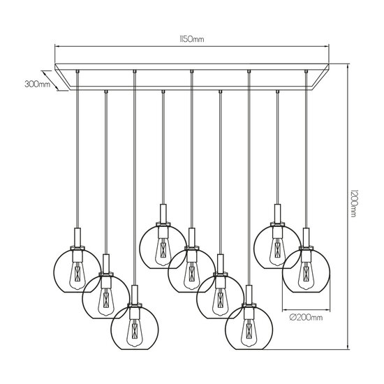 Fantasia Fantasia Osira pendant lamp with 9 light points, black steel frame, clear glass 9x Ø20 cm, E27 fitting, width 115 cm, IP20