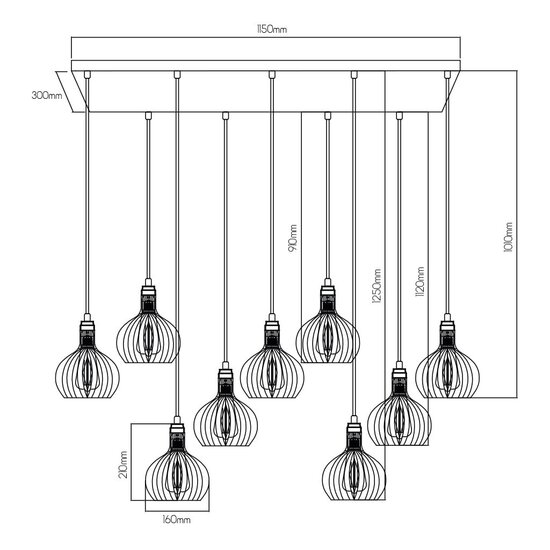 Fantasia Lámpara colgante Fantasia Raga con 9 puntos de luz E27, estructura de acero negro con detalle cobre, IP20.