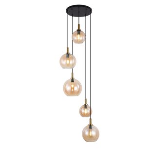 Colgante Fantasia Osira E27 5 luces negro/oro cristal ámbar