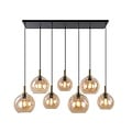 Fantasia Suspension Osira, 7 points lumineux avec douille E27, structure acier noir-or, verre ambré, largeur 1050mm, IP20