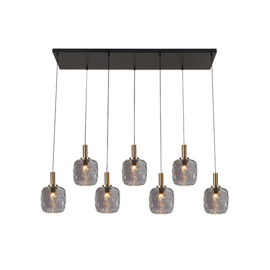 Fantasia Fantasia Okiru pendant light, beam shape with 7x E27 fitting, black steel frame and 7 ash grey glass shades Ø150mm, 990 x 1200 mm