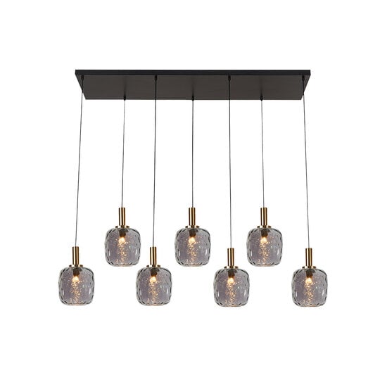 Fantasia Okiru hanglamp Balk, zwart stalen frame met 7x E27 fitting en 7 grijze glazen kappen Ø150mm, 990 x 1200 mm