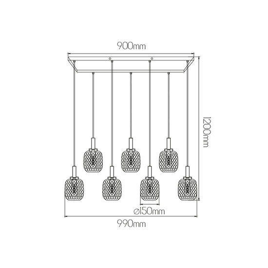 Fantasia Suspension Fantasia Okiru, forme barre avec 7x douilles E27, structure acier noir et 7 verres gris cendré Ø150mm, 990 x 1200 mm