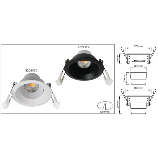 Fantasia Fantasia Deep Deco schwenkbarer Einbauspot, weiß, Ø75 mm, integriertes LED-Modul 8W 2700K, 831 Lumen, dimmbar, Energieklasse F
