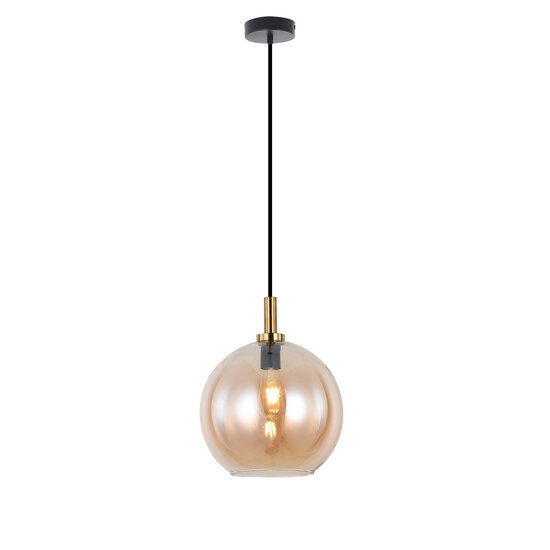 Fantasia Lámpara colgante Fantasia OSIRA con pantalla de vidrio ámbar Ø300mm, estructura negro y oro, casquillo E27