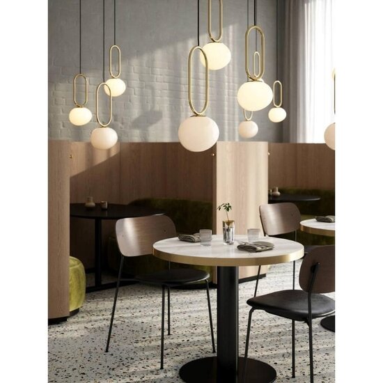 Suspension Danish Design, abat-jour en verre opale blanc, laiton, douille E27 max 15W, hauteur 60,5cm, IP20