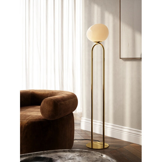 Lampadaire Danish Design, blanc opale/laiton, hauteur 135 cm, douille E27 max. 15W, IP20