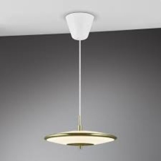 Art-déco-Pendelleuchte mit weißem Opalglasschirm und Messingrahmen, 15W-LED-Modul, 900 Lumen, dimmbar, ø31,7 cm