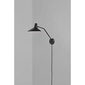 Industriële wandlamp zwart met E14-fitting, metalen behuizing, zwarte textielkabel van 180 cm en afmetingen 55 x 23 x 36,5 cm