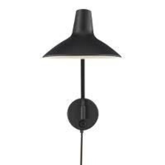 Aplique de pared industrial en negro, cuerpo de metal con cable textil negro de 180 cm, casquillo E14, medidas 55 x 23 x 36,5 cm